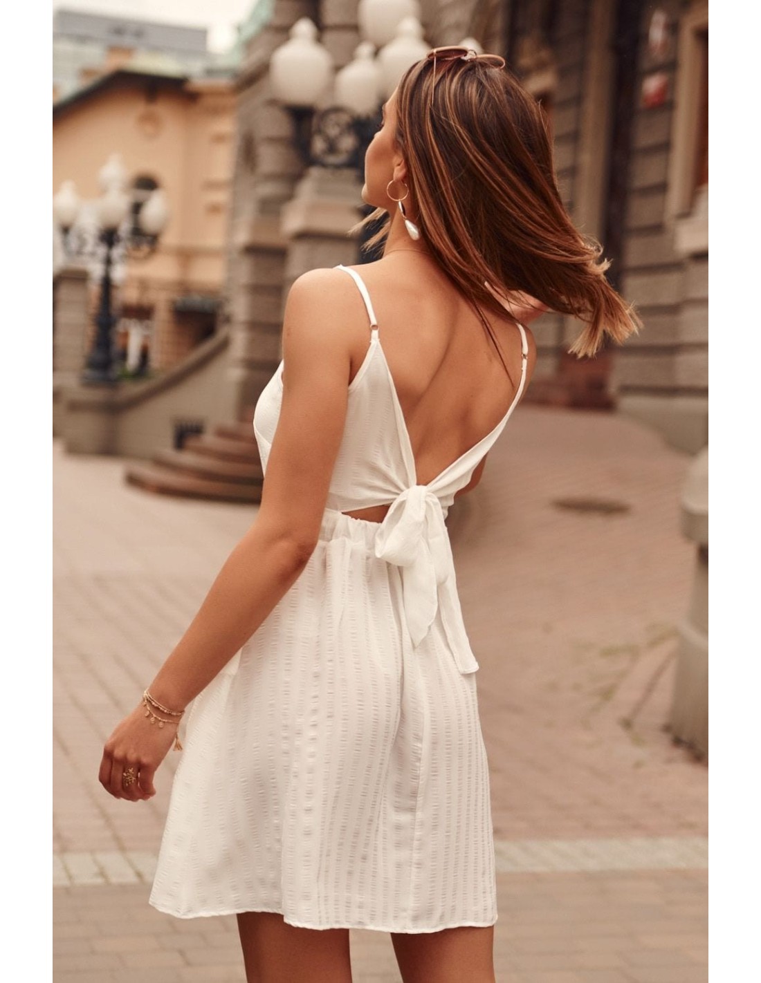 Striped dress tied at the back, cream PR3202 - Online store - Boutique